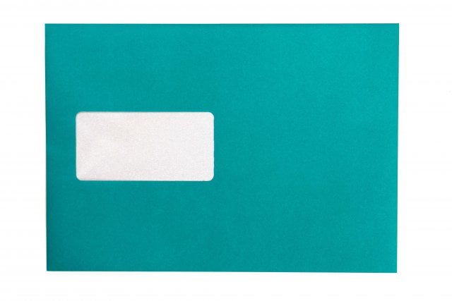 Enveloppes DIN C5 autocollantes avec fenêtre, impression turquoise
