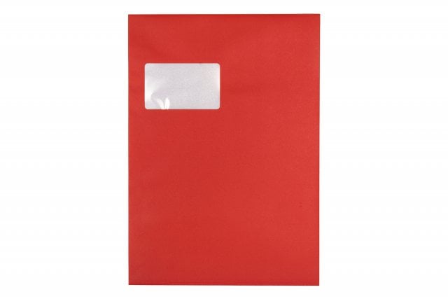 Enveloppes DIN C4 autocollantes avec fenêtre, impression rouge